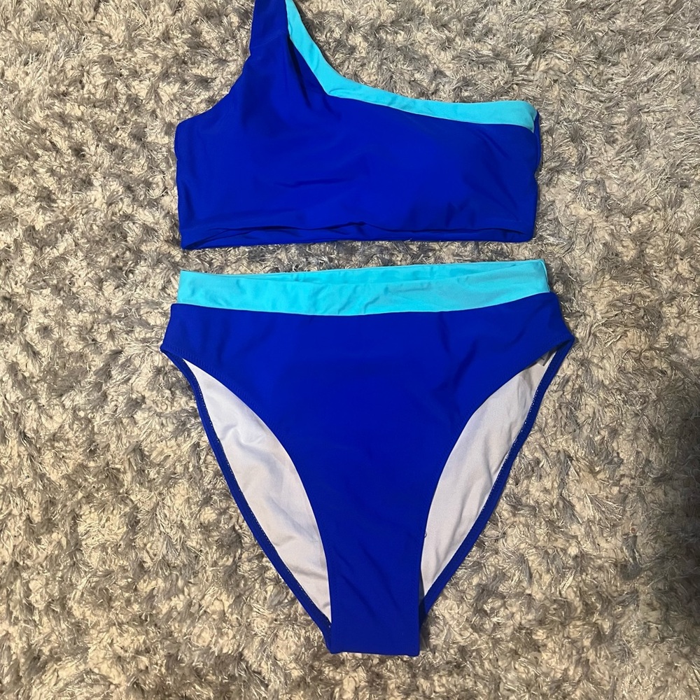Blue and Light Blue One-Shoulder Bikini Set